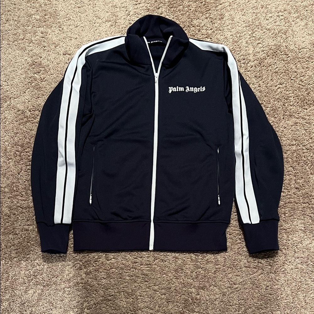 Palm Angels Navy Zip-Up Track Jacket with White Stripes
